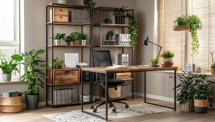 Stylish Office with Plants and Modern Furniture