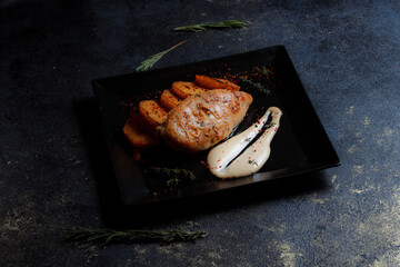Grilled chicken steak with spices and baked potatoes on a black plate on a dark textured background with copy space.