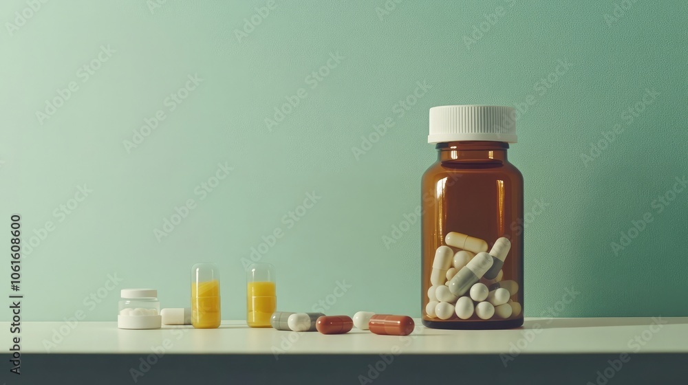 Poster a close-up shot of various pills and capsules in different containers on a white table against a sof
