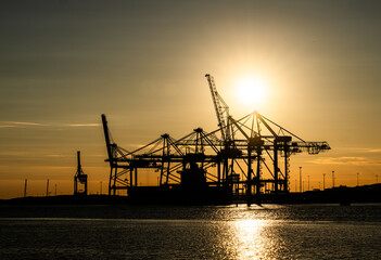 Fototapeta premium Large container vessel at container loading port at sunset.
