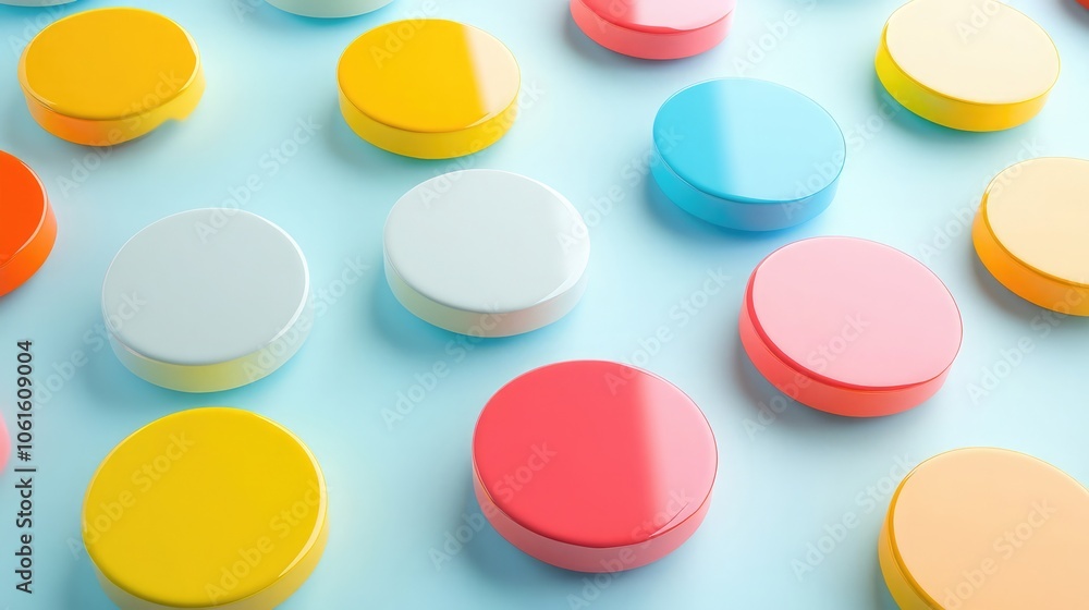 Poster colorful round objects arranged on a light blue background. this pattern creates an abstract design.