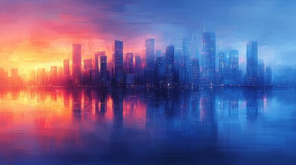 A vibrant city skyline at sunset, reflecting colors in the water.
