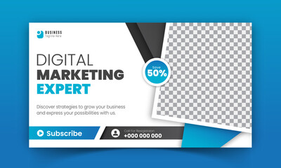 Corporate creative YouTube thumbnail and social media cover design, digital marketing agency live video streaming for business promotion on abstract blue colorful shapes and white background