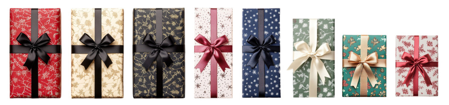 Christmas rectangle luxury gift present top down view PNG set, cutout isolated on transparent background. Winter Holiday gifting season graphic resource