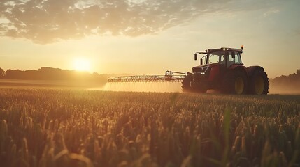 Fototapeta premium A tractor spraying crops at sunset in the farmland