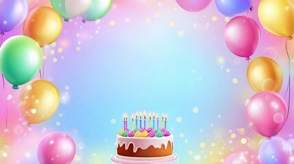 birthday party balloons, colourful balloons background and birthday cake created by ai
