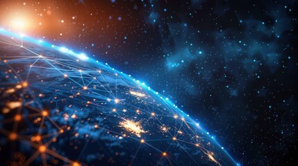 A stylized image of Earth with glowing lines connecting cities, representing global interconnectedness and communication.