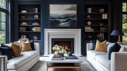 A sophisticated living room with a white fireplace, Beautiful living room