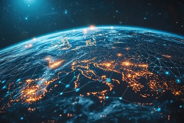 Global communication technology on Earth, representing blockchain and IoT in a connected world