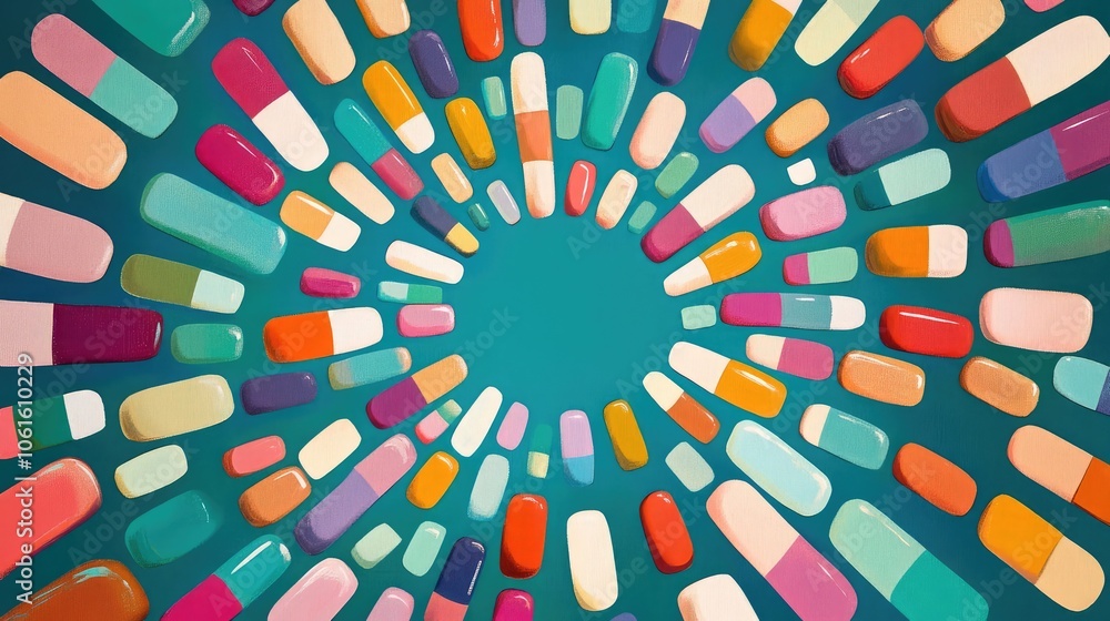Poster colorful capsules arranged in a circular pattern on a teal background. this vibrant and abstract ima