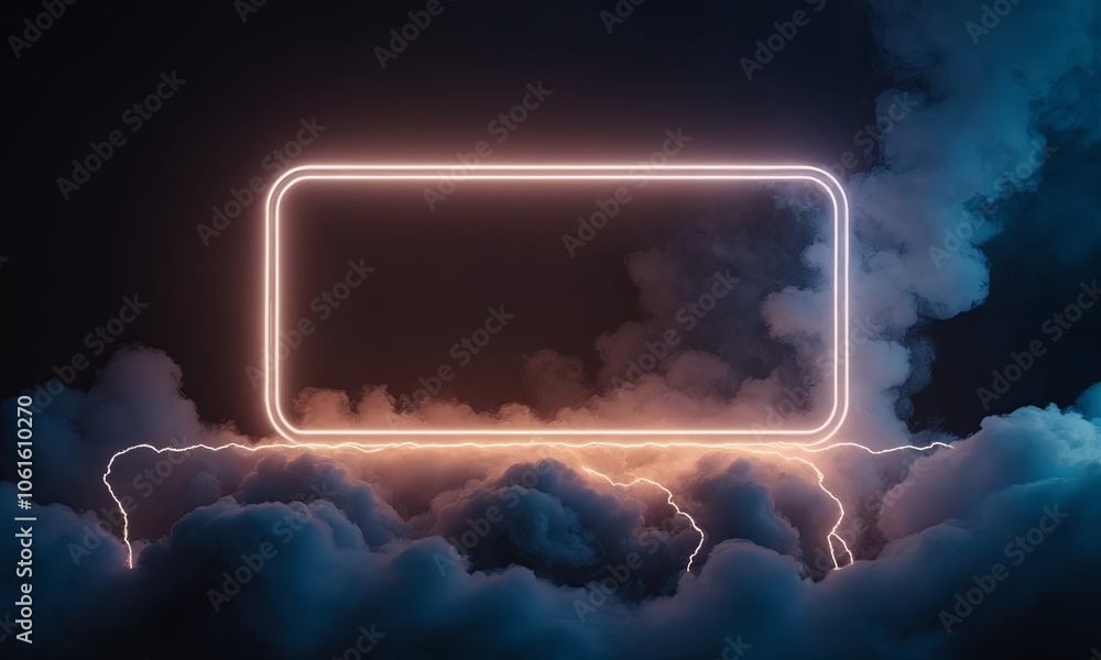 Poster a captivating design featuring a glowing orange neon rectangular frame surrounded by soft clouds aga