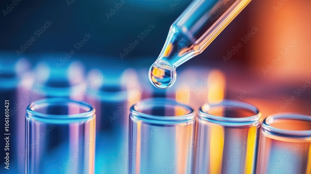 Poster a close-up of a dropper dispensing a liquid into a test tube. the image captures the precision and d