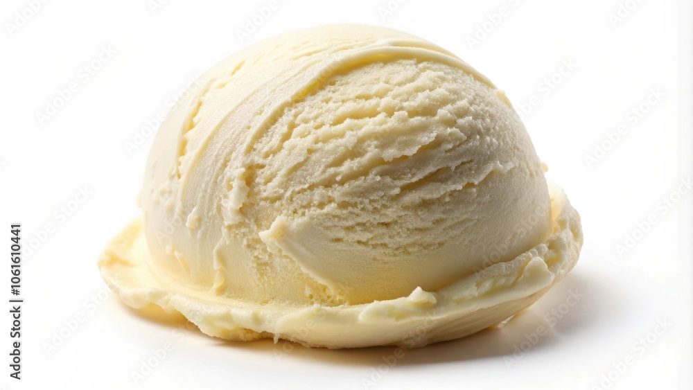 Poster a single scoop of vanilla ice cream with creamy texture and delicate swirls on a white background