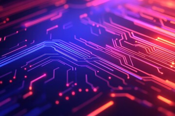 Obraz premium A vibrant circuit board design showcasing intricate connections illuminated by blue and red lights, representing technology and innovation.