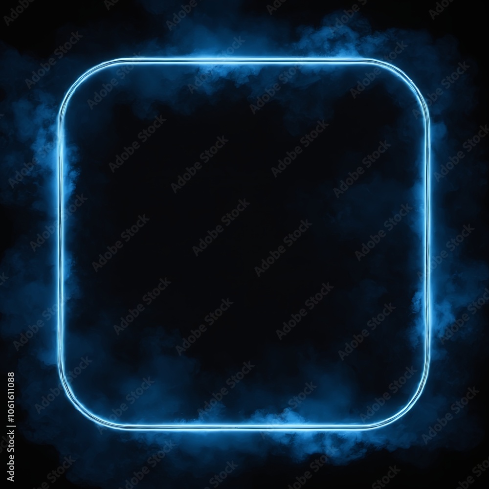 Poster an abstract design featuring a glowing neon blue square frame surrounded by soft smoke on a dark bac
