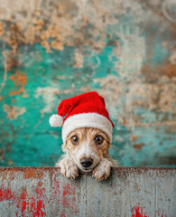 christmas dog holy moley wearing a santa claus hat, props up on a wall, looking straight into the camera, teal grungy distressed background  