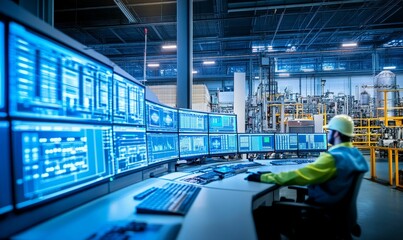 Fototapeta premium Industrial control room with worker monitoring screens.