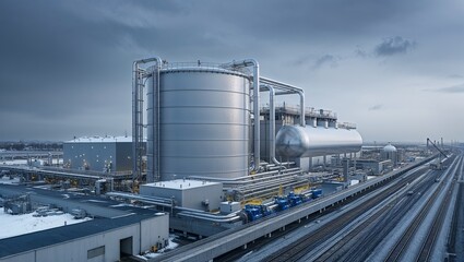 Obraz premium An Overview of a Sprawling Modern Industrial Complex Set Against a Clear Sky Perfect for Architectural and Business Projects