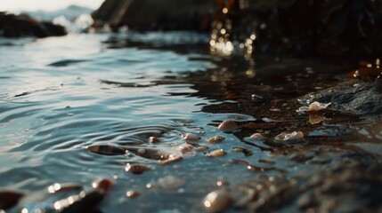 Fototapeta premium Sparkling above the smooth stones and pebbles, a gentle wave caresses the shoreline beautifully illuminated by the soft glow of sunrise.