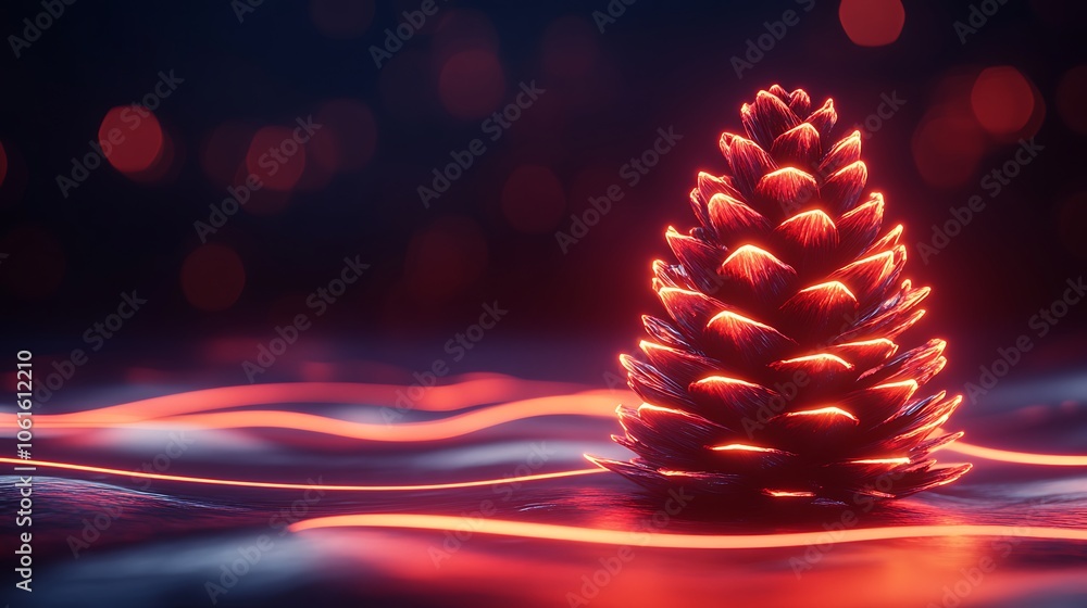 Poster a glowing pinecone surrounded by wavy light patterns, creating a mystical atmosphere.