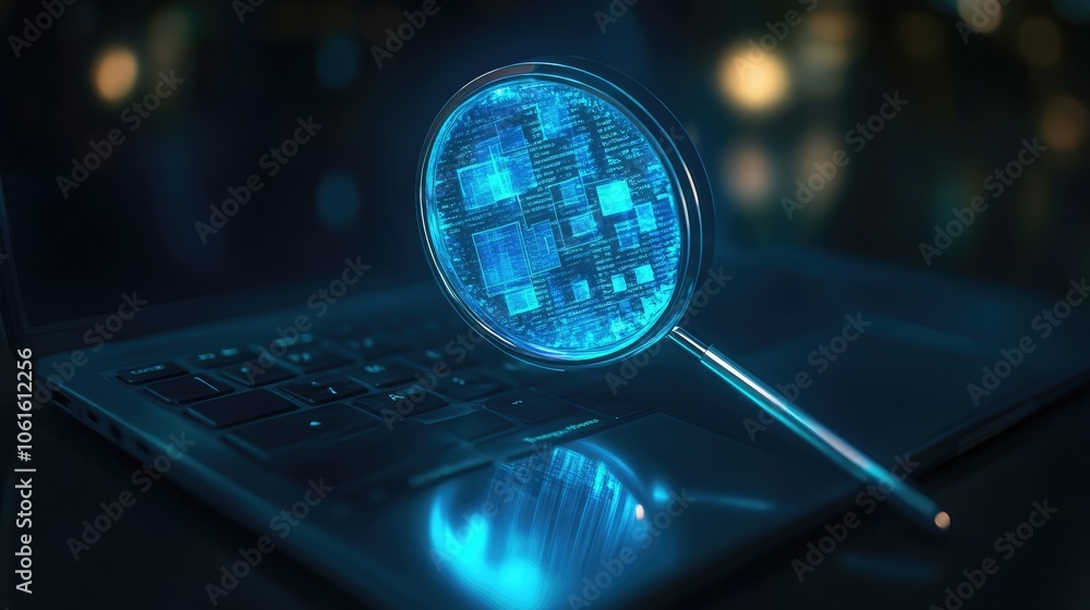 Poster a glowing blue magnifying glass reveals intricate digital data on a computer keyboard, highlighting 