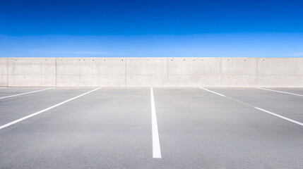 Fototapeta premium A quiet, empty parking area with a smooth concrete ground and sharply defined white lines sits under a bright blue sky. The concrete wall along one side adds a subtle industrial feel, while the open