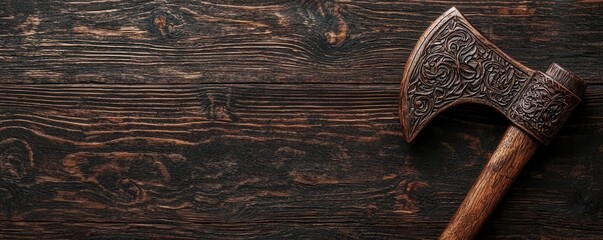 Vintage axe on rustic wooden background