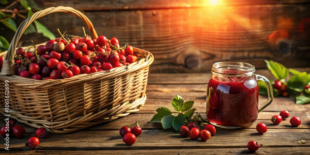 Poster a rustic wooden table with a wicker basket full of ripe rose hips, a glass jar of ruby red jam, and 