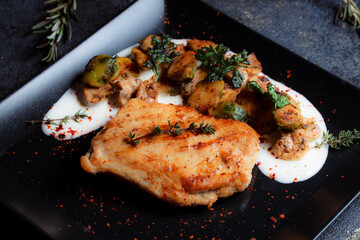 Pork neck steak with vegetables and grilled mushrooms on a black plate. Spices - ground pepper, parsley, basil, thyme, white garlic sauce. Detailed texture of fried meat.
