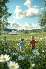 Fototapeta premium Children are playing on green meadow.