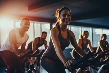 Group of people doing indoor cycling sports adult gym.