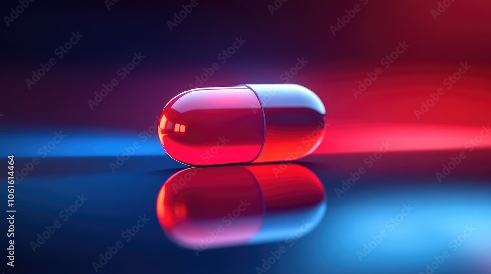 Poster a single red pill sits on a reflective surface, bathed in blue and red light. the pill's reflection 