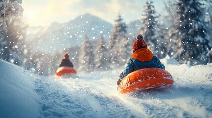 Children sledding on snowy winter day in scenic mountain landscape