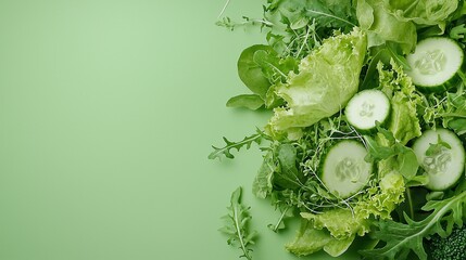 Obraz premium Fresh Green Salad with Variety of Greens on Light Mint BackgroundA simple, fresh salad with leafy greens, arugula, cucumber, and microgreens on a mint background, showcasing a classic healthy choice