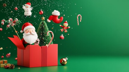  Festive Christmas Scene with Floating Decorations in Open Gift Box on Vibrant Green Background