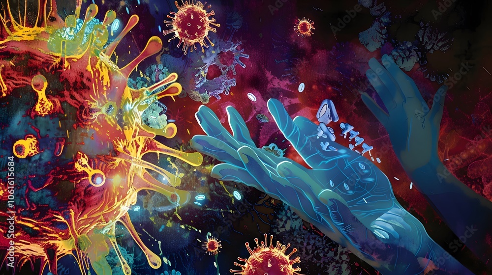 Poster microscopic view of viral structures and cellular responses in a scientific laboratory setting