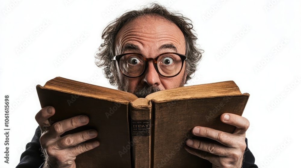 Poster a middle-aged man with a surprised expression looks up from a book he is reading.