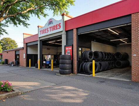 Tire shop exterior view with stacked tires and service area in a well-lit garage
