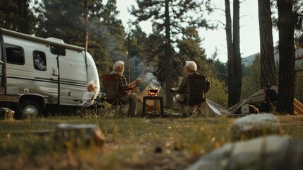 Three generations enjoy a campfire evening near their camper, surrounded by trees, mountains, and sunshine, sharing stories and warmth.