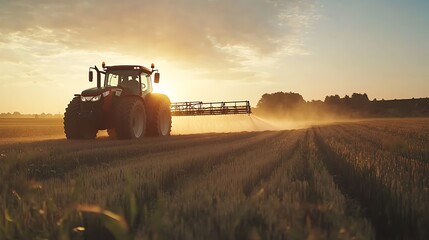 Fototapeta premium A tractor spraying crops at sunset in the farmland