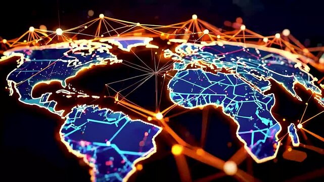 a world map  with  a network of lights