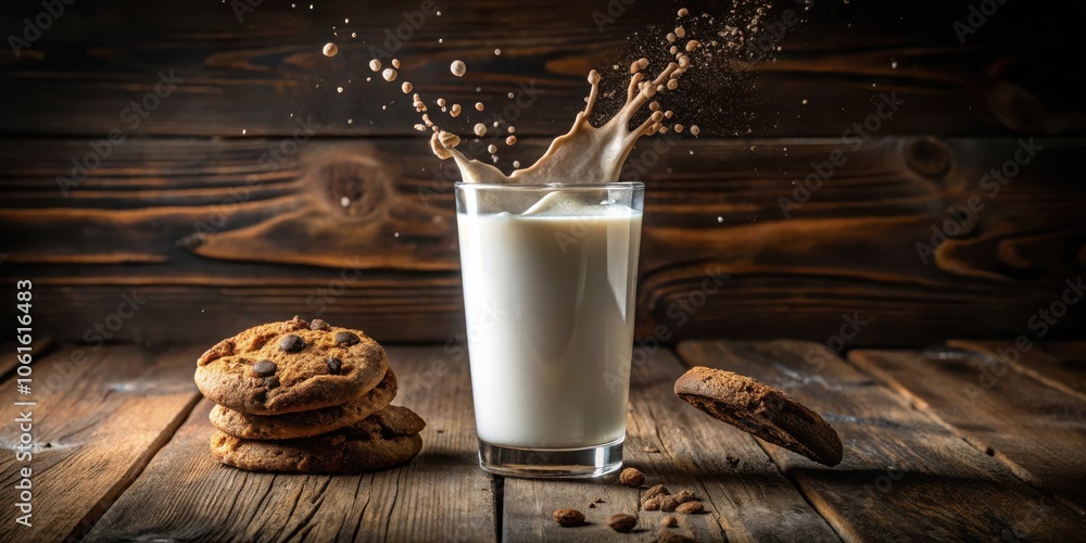 Poster milk splashes over a glass as a chocolate chip cookie flies through the air towards a stack of cooki