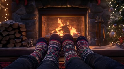Obraz premium Cozy Holiday Scene with Feet in Festive Winter Socks by a Warm Fireplace, Surrounded by Twinkling Lights and Firewood