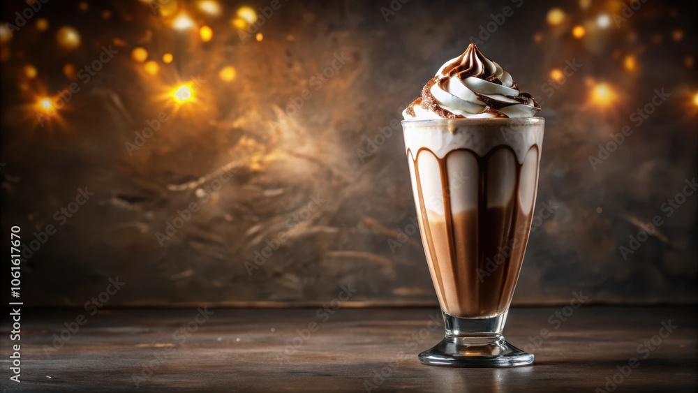 Aufkleber a tall glass of chocolate milk shake topped with whipped cream and drizzled with chocolate sauce on 