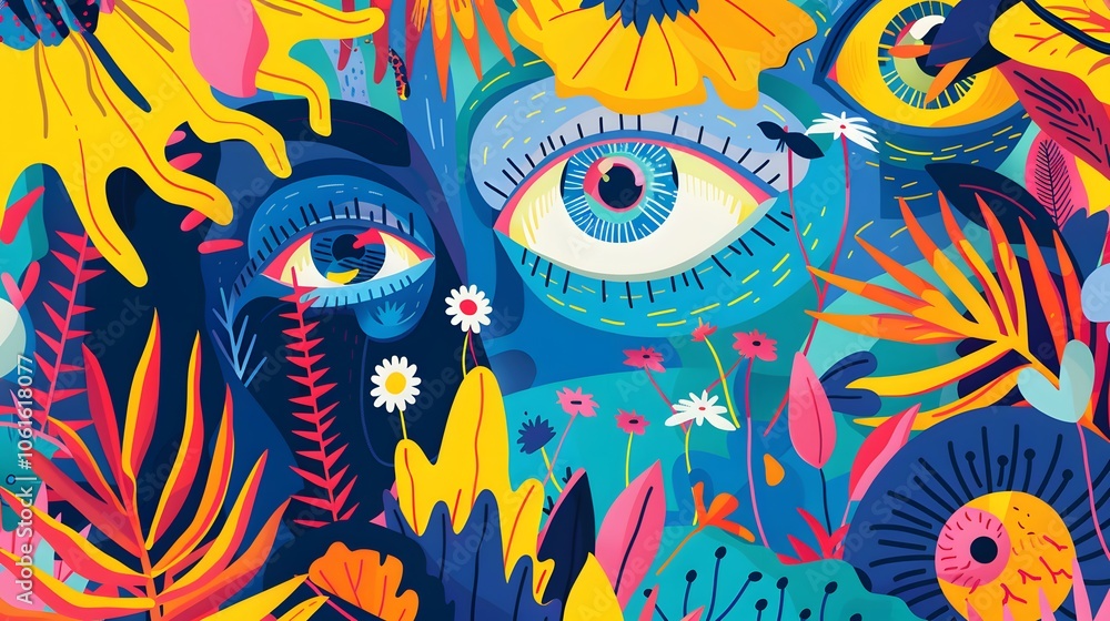 Poster surreal psychedelic abstract with colorful eye and floral patterns