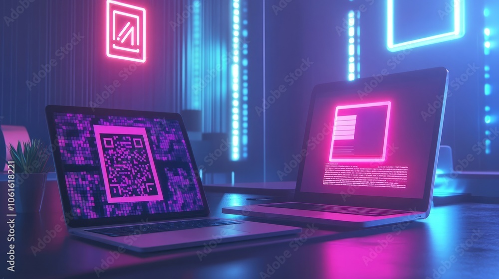 Poster two laptops sit on a desk lit by neon lights, one displaying a qr code and the other a web page with