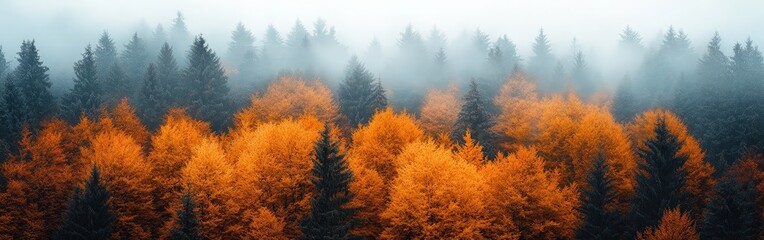 Fototapeta premium Aerial view of an autumn forest landscape with golden trees and rolling hills