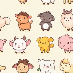 Cute farm animals(Seamless Pattern and Tile image)