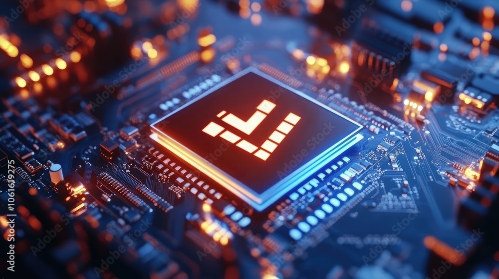 Poster a close-up of a circuit board with a glowing red chip, signifying the power of technology.