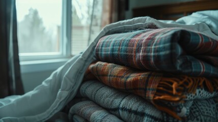 Obraz premium A cozy stack of plaid and patterned blankets beside a window, exuding warmth on a chilly day.
